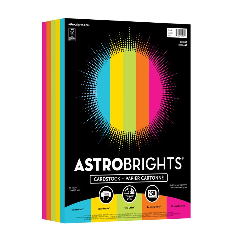 Astrobrights Color Cardstock -"Bright" Assortment, 65 lb Cover Weight, 8.5 x 11, Assorted, 250/Pack - Image 1
